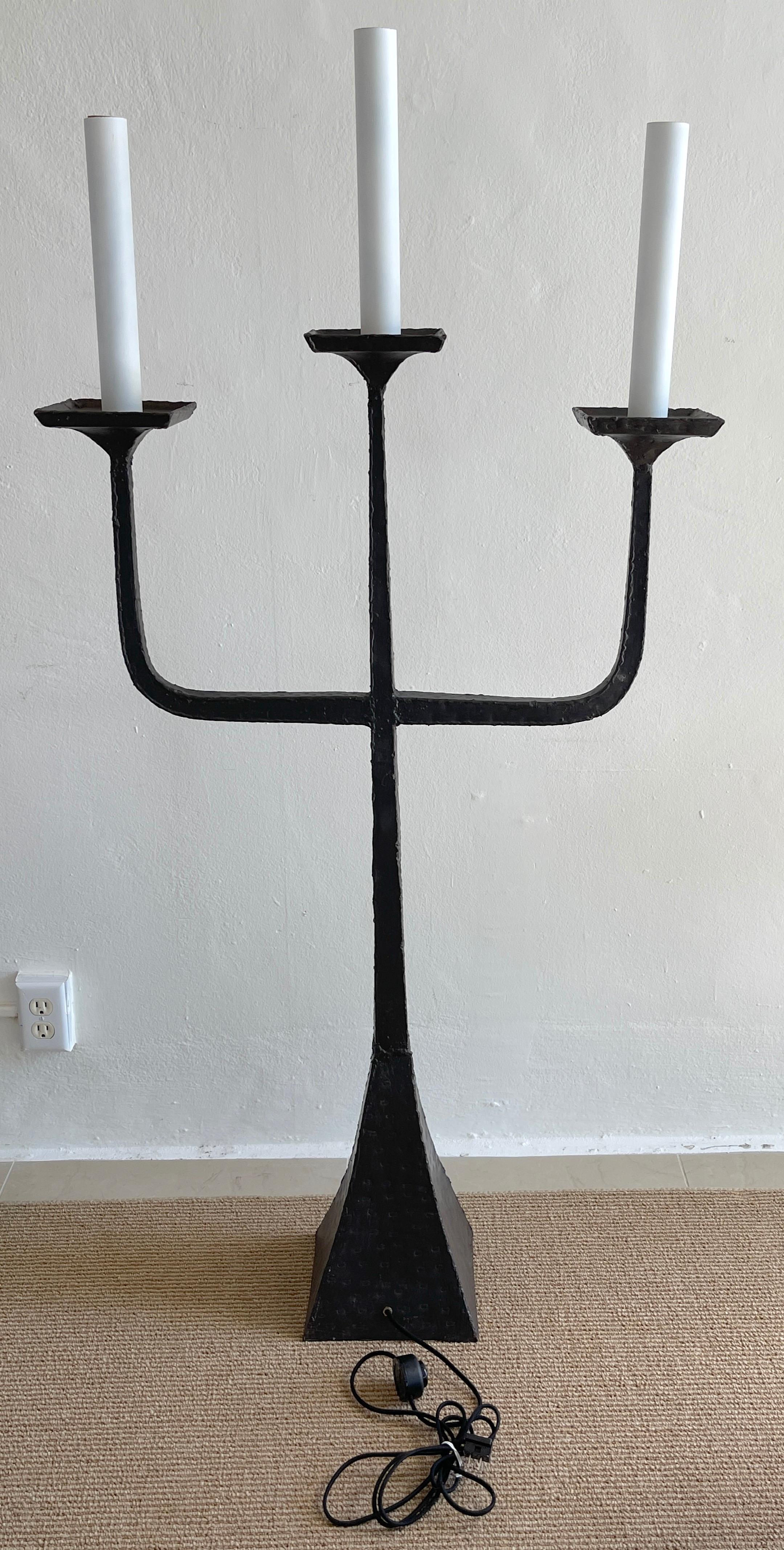 20th Century French Modern Wrought Iron Three -Light Candelabra Floor Lamp For Sale