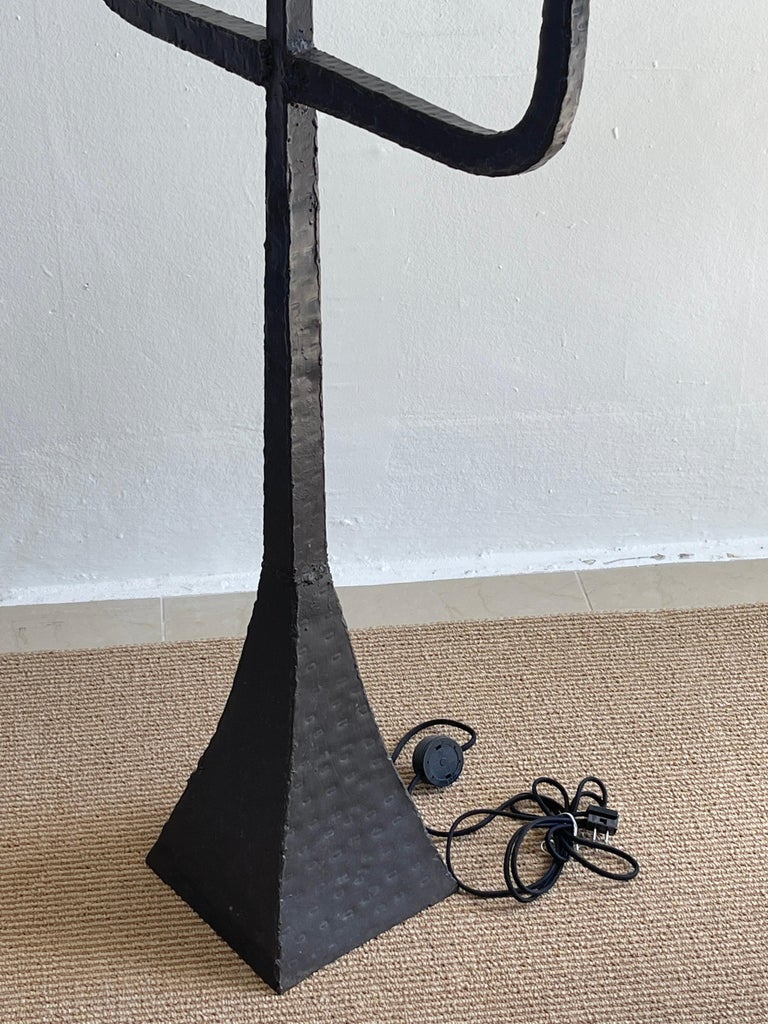 French Modern Wrought Iron Three Light Candelabra Floor Lamp For Sale