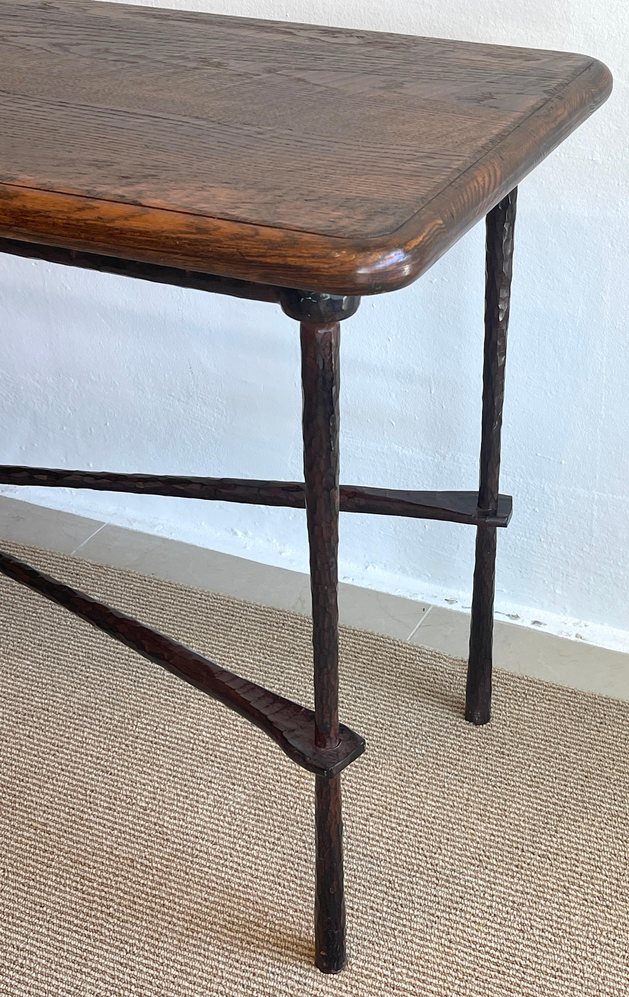French Modern Wrought Iron & Walnut Console Table 1