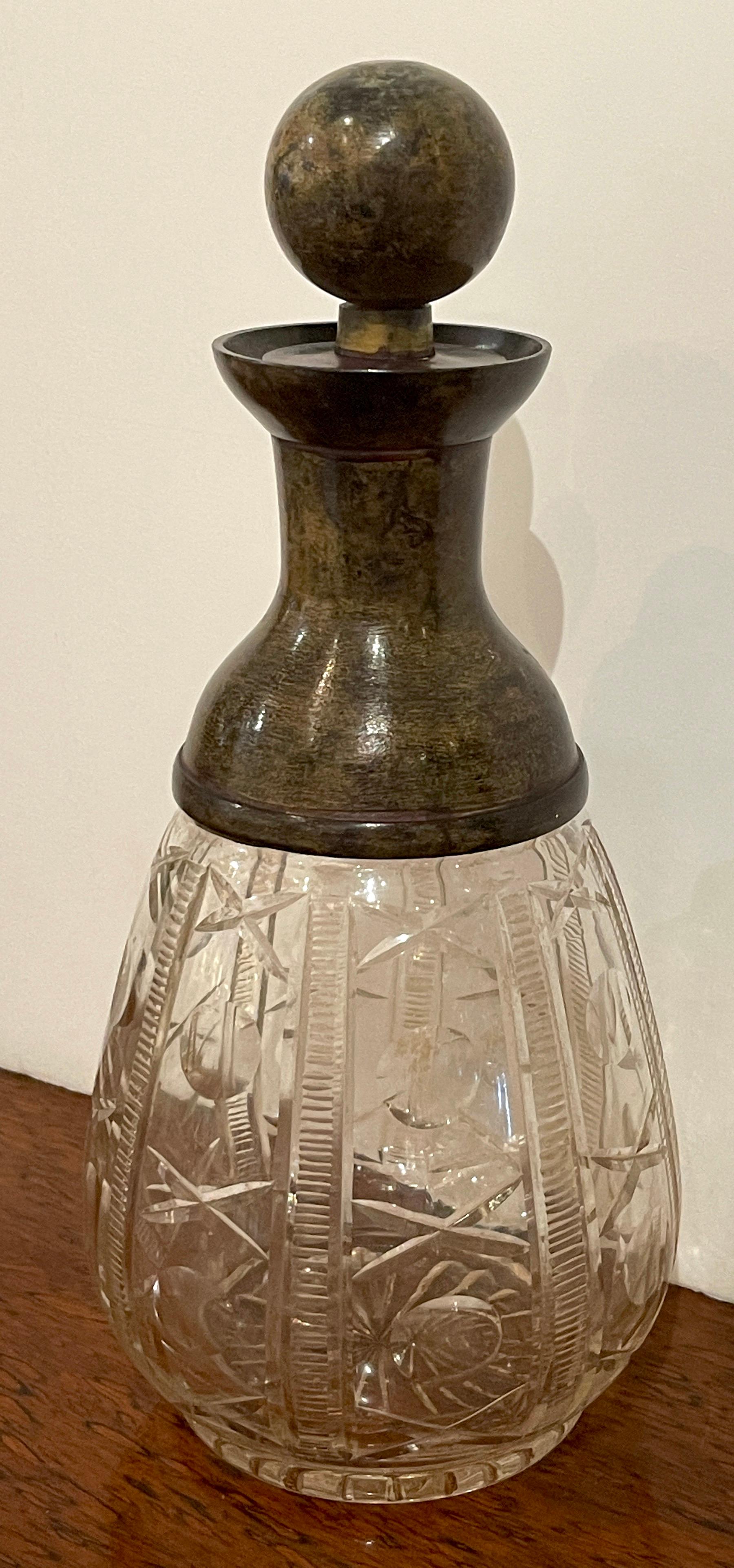 French Modern 'X&O' Cut Glass & Patinated Bronzedecanter, Smaller In Good Condition For Sale In West Palm Beach, FL