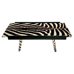 Vintage French Modern Zebra Hide, Brass & Ebonized Wood Coffee Table, Circa 1960s
