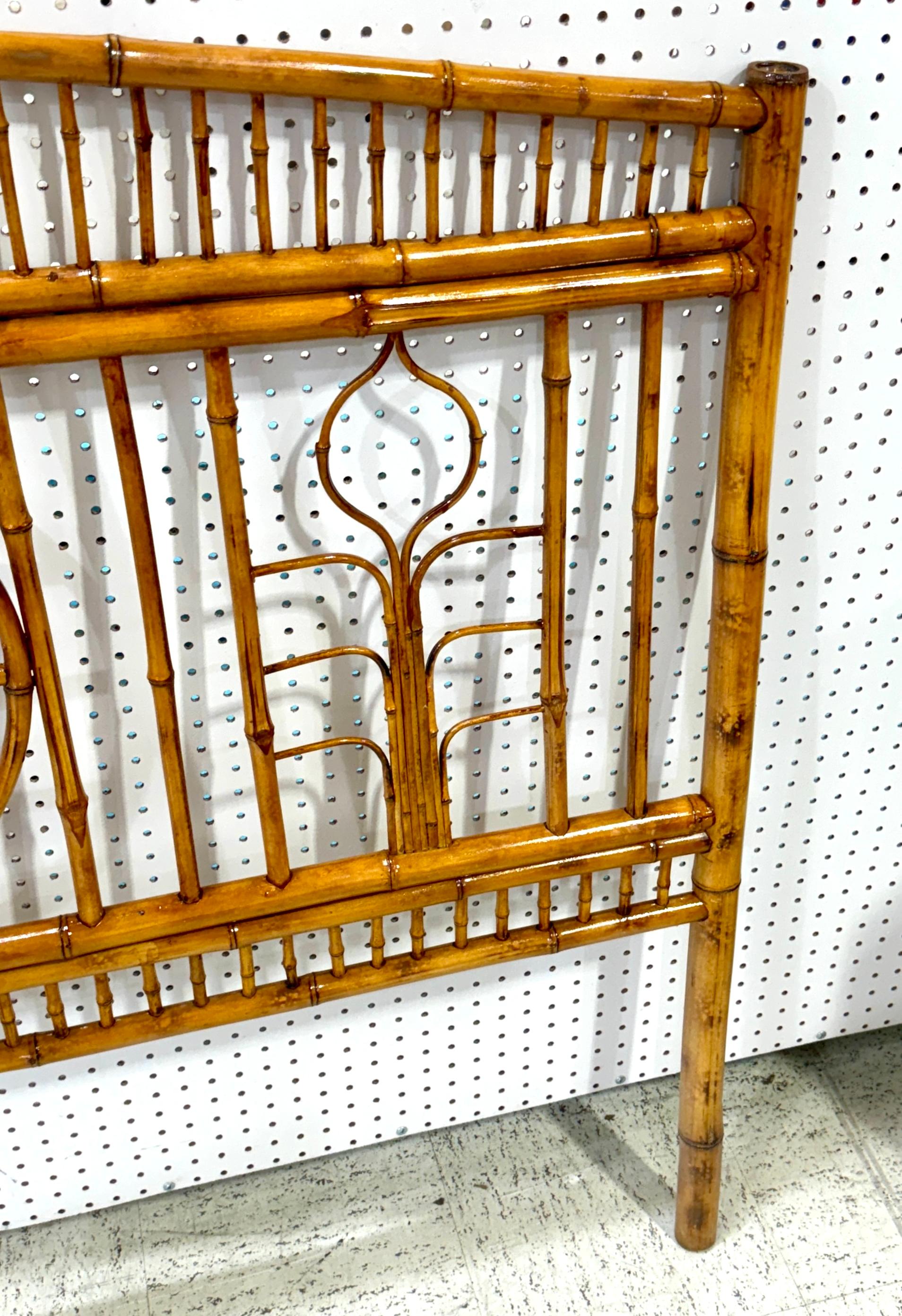20th Century French Modern Zen Motif Bamboo & Rattan Queen Size Headboard, Circa 1970s