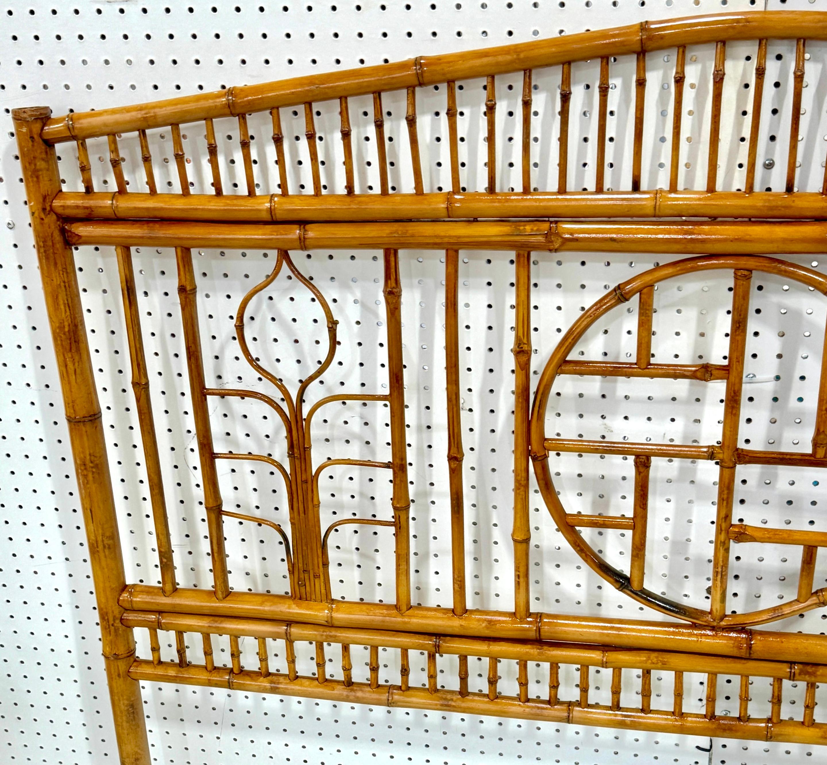 French Modern Zen Motif Bamboo & Rattan Queen Size Headboard, Circa 1970s 3