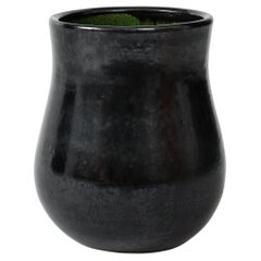 French Moderne 'BIOT' Vase Black Glaze, Green Salt Interior, France, c. 1960