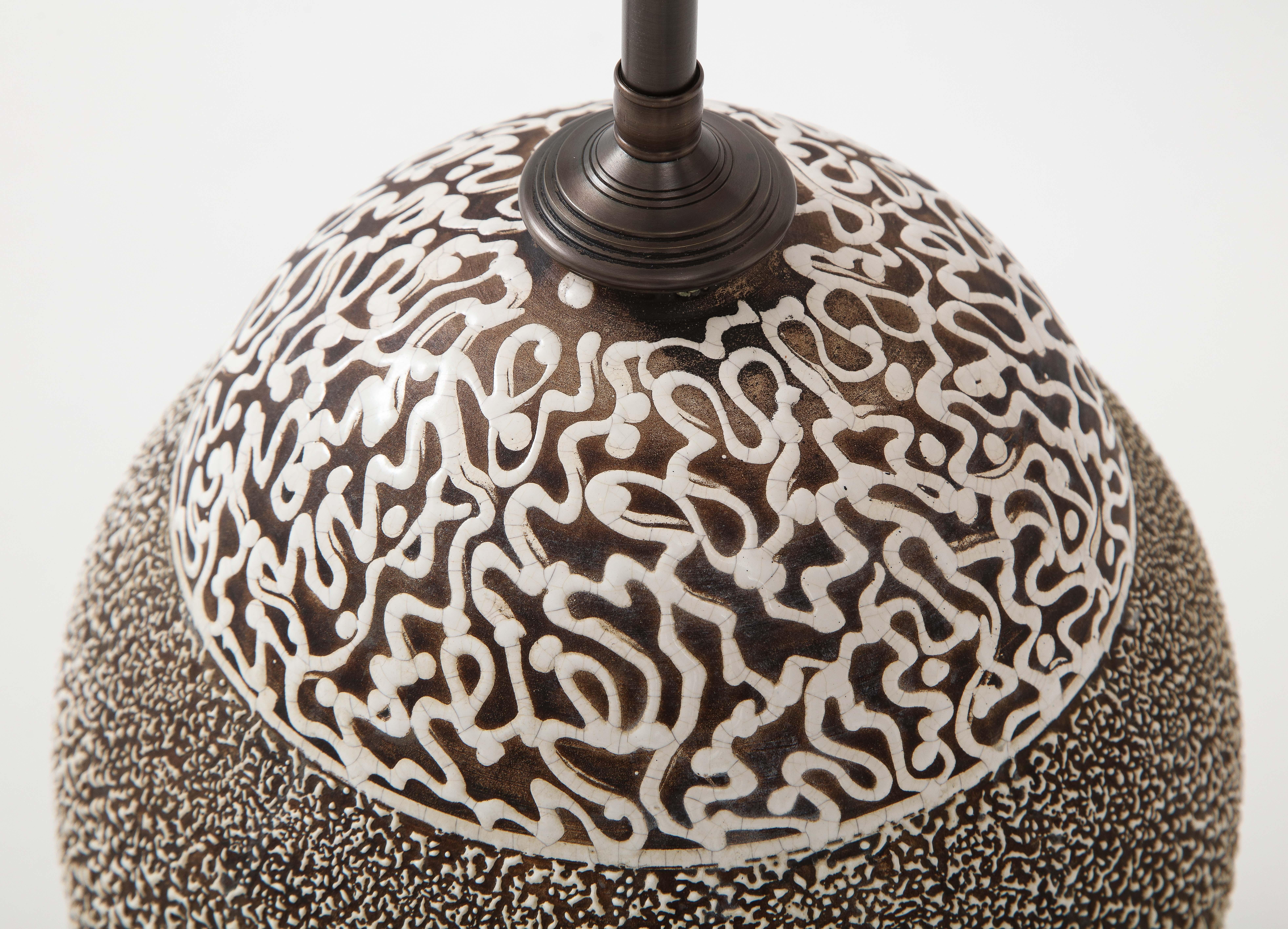 French Moderne Enamel Glaze Ceramic Lamp, Mottled Design Parchment Shade, 1940's 6