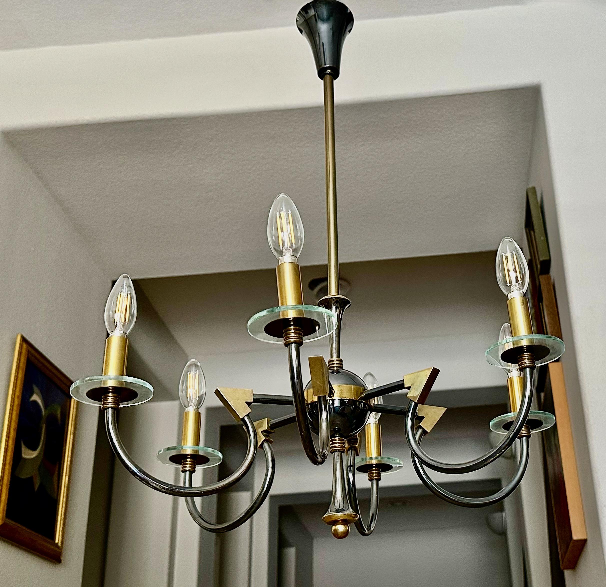 French Moderne Patinated Brass Chandelier by Maison Lunel For Sale 16
