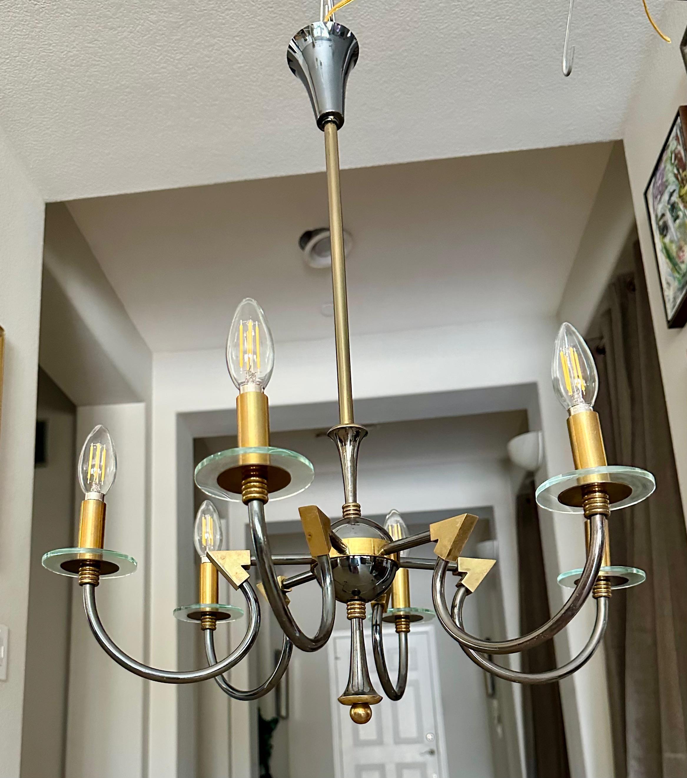 French Moderne Patinated Brass Chandelier by Maison Lunel In Good Condition For Sale In Palm Springs, CA