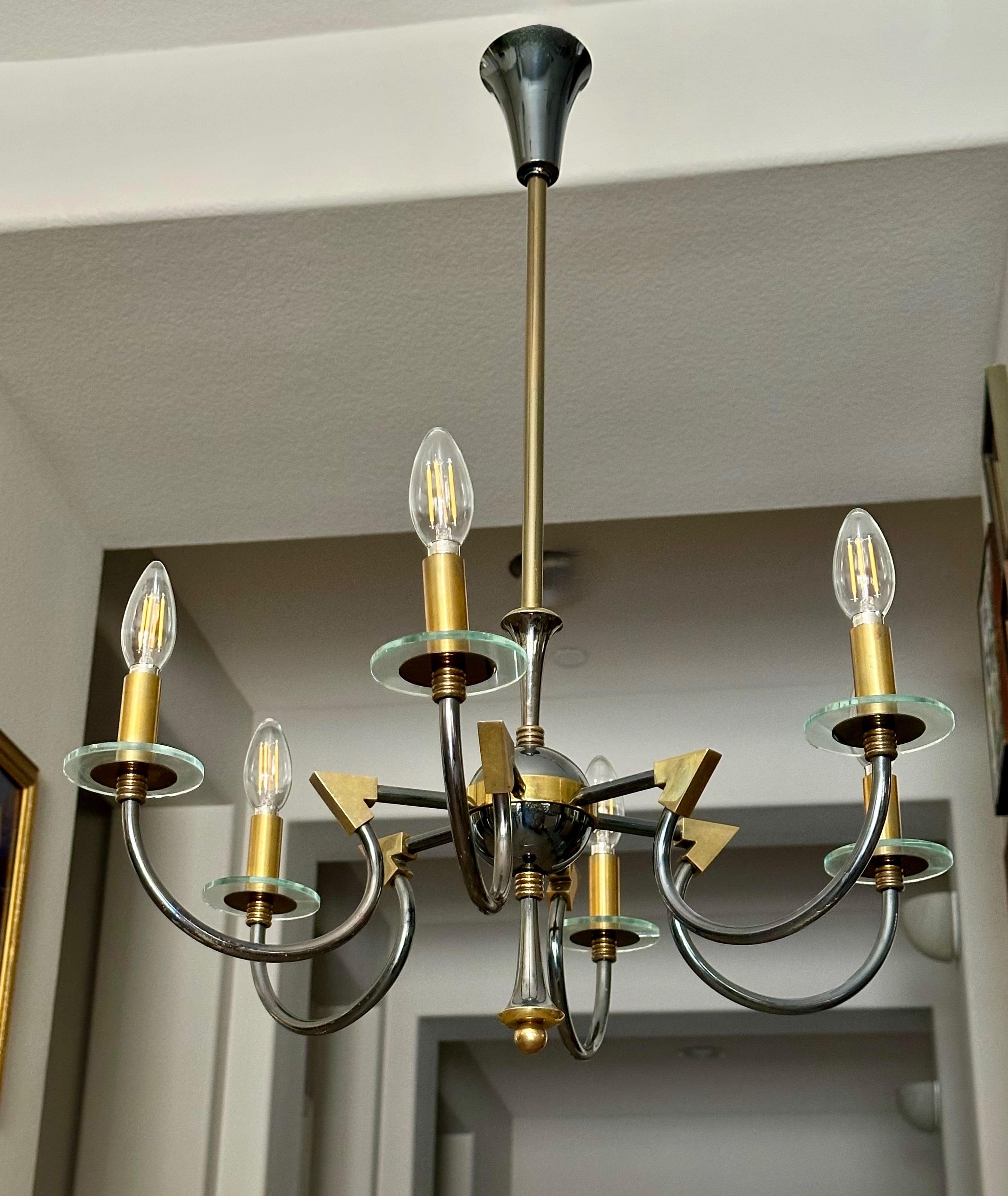 Mid-20th Century French Moderne Patinated Brass Chandelier by Maison Lunel For Sale