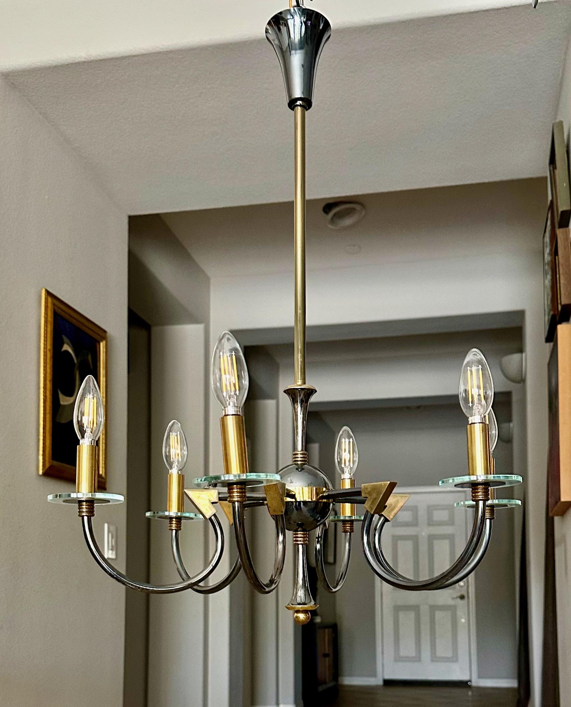 French Moderne Patinated Brass Chandelier by Maison Lunel For Sale 5