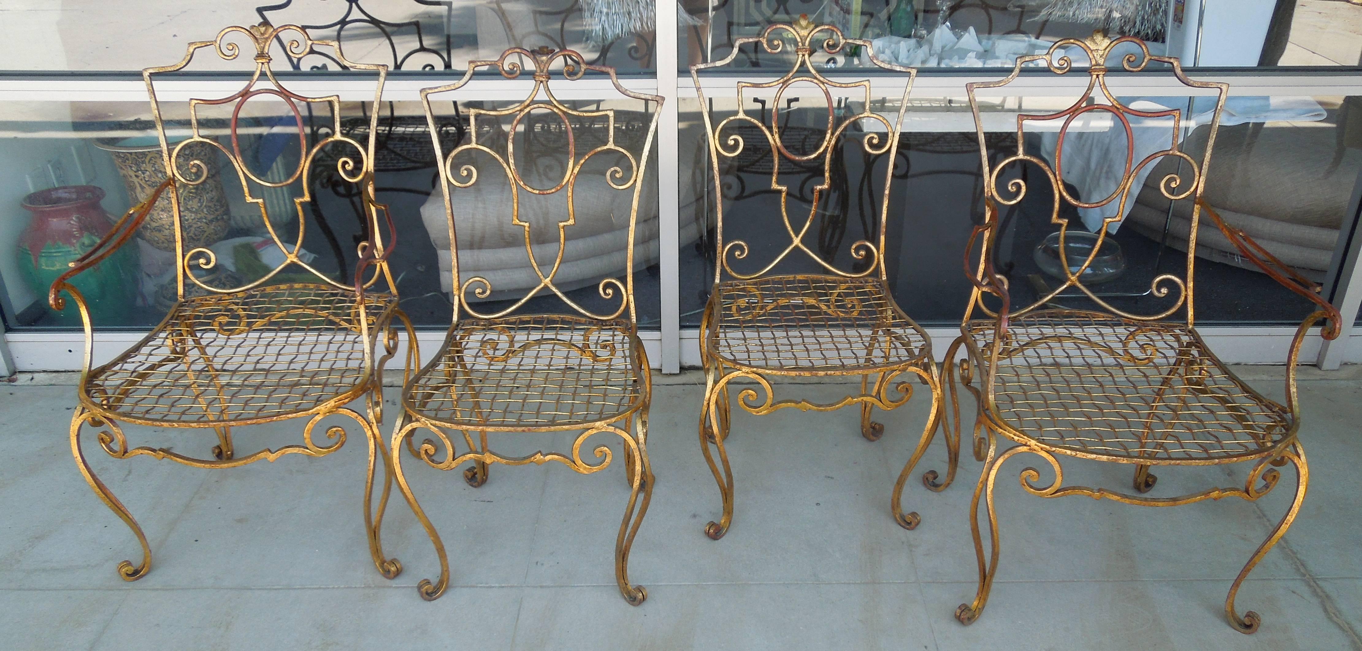 Baroque Revival Jean-Charles Moreux French Moderne Gold Gilt Iron Chairs Set of Four