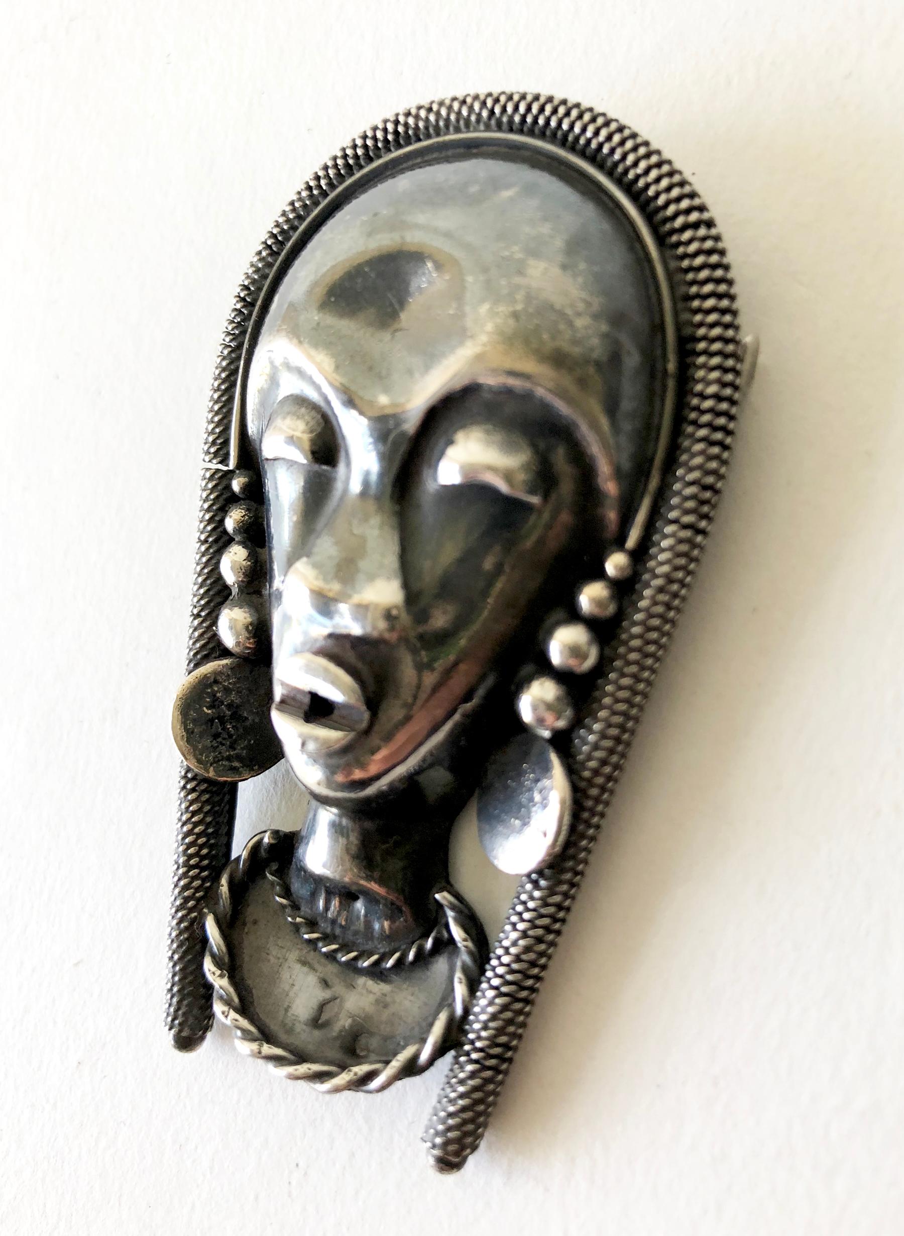 Art Deco French Moderne Sterling Silver African Native Goddess Brooch