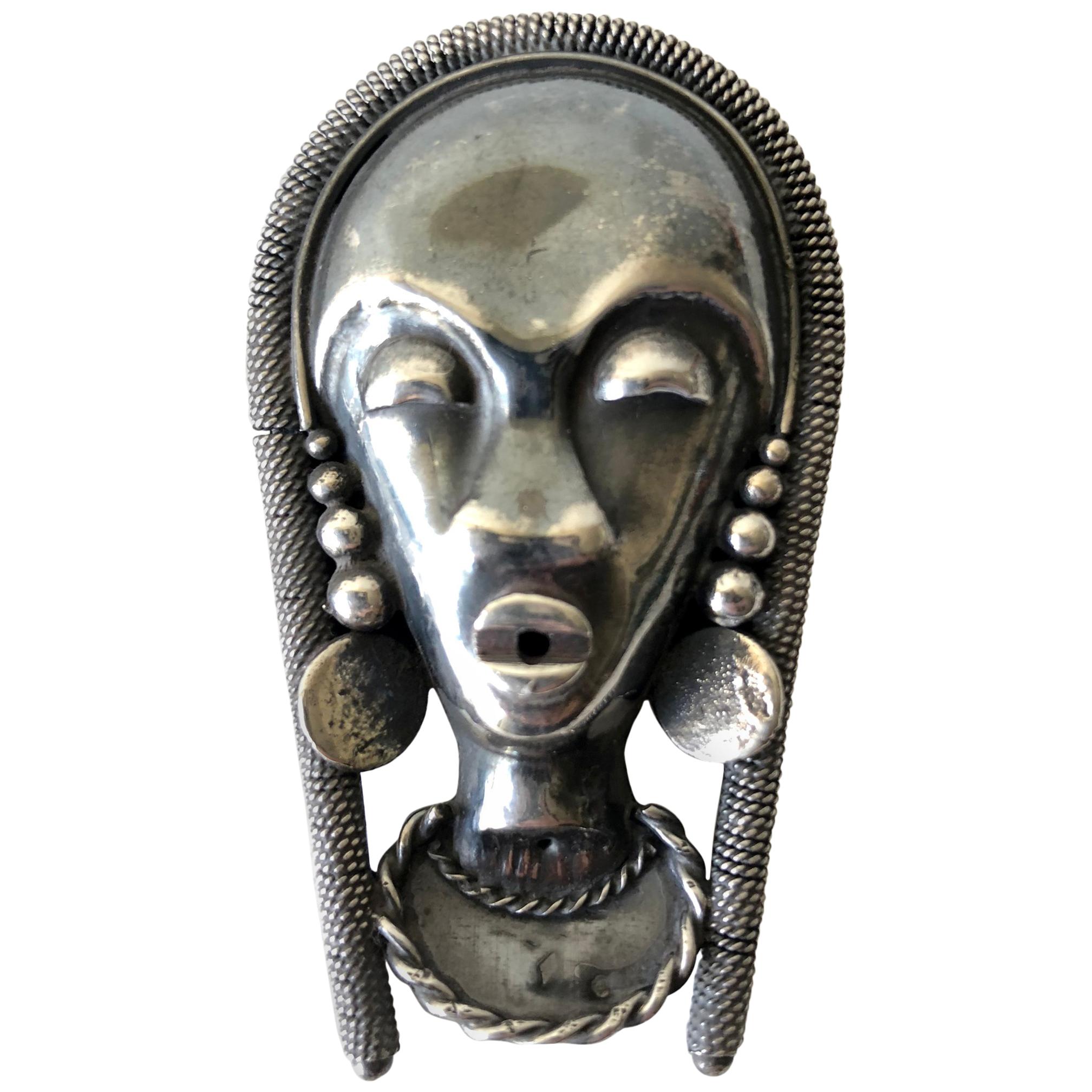 French Moderne Sterling Silver African Native Goddess Brooch