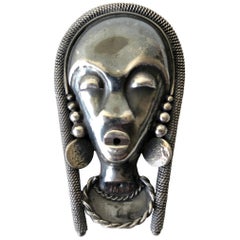 French Moderne Sterling Silver African Native Goddess Brooch