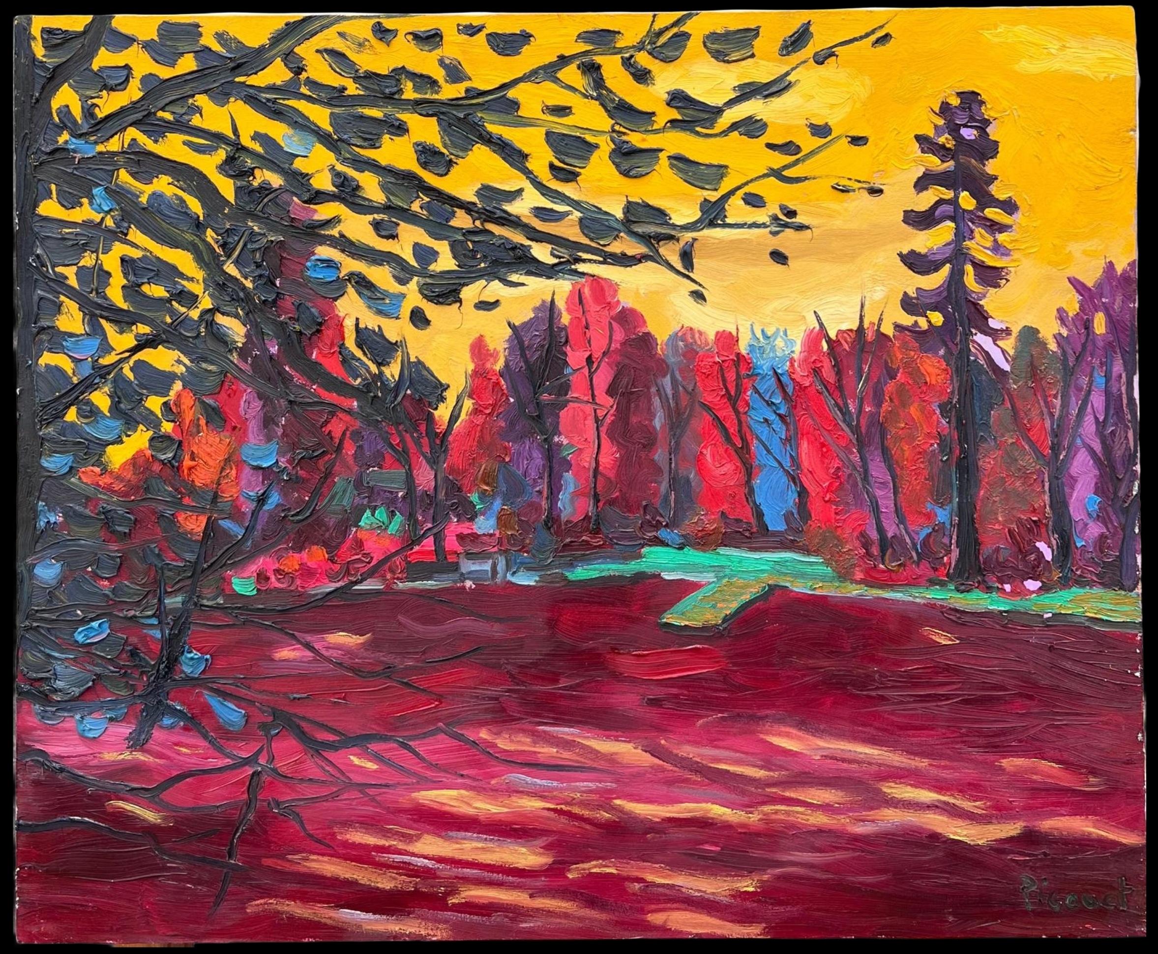 1990's French Modernist Signed Oil The Lake at Enghien Colorful Trees For Sale 1