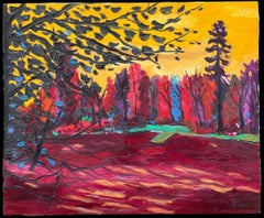 1990's French Modernist Signed Oil The Lake at Enghien Colorful Trees