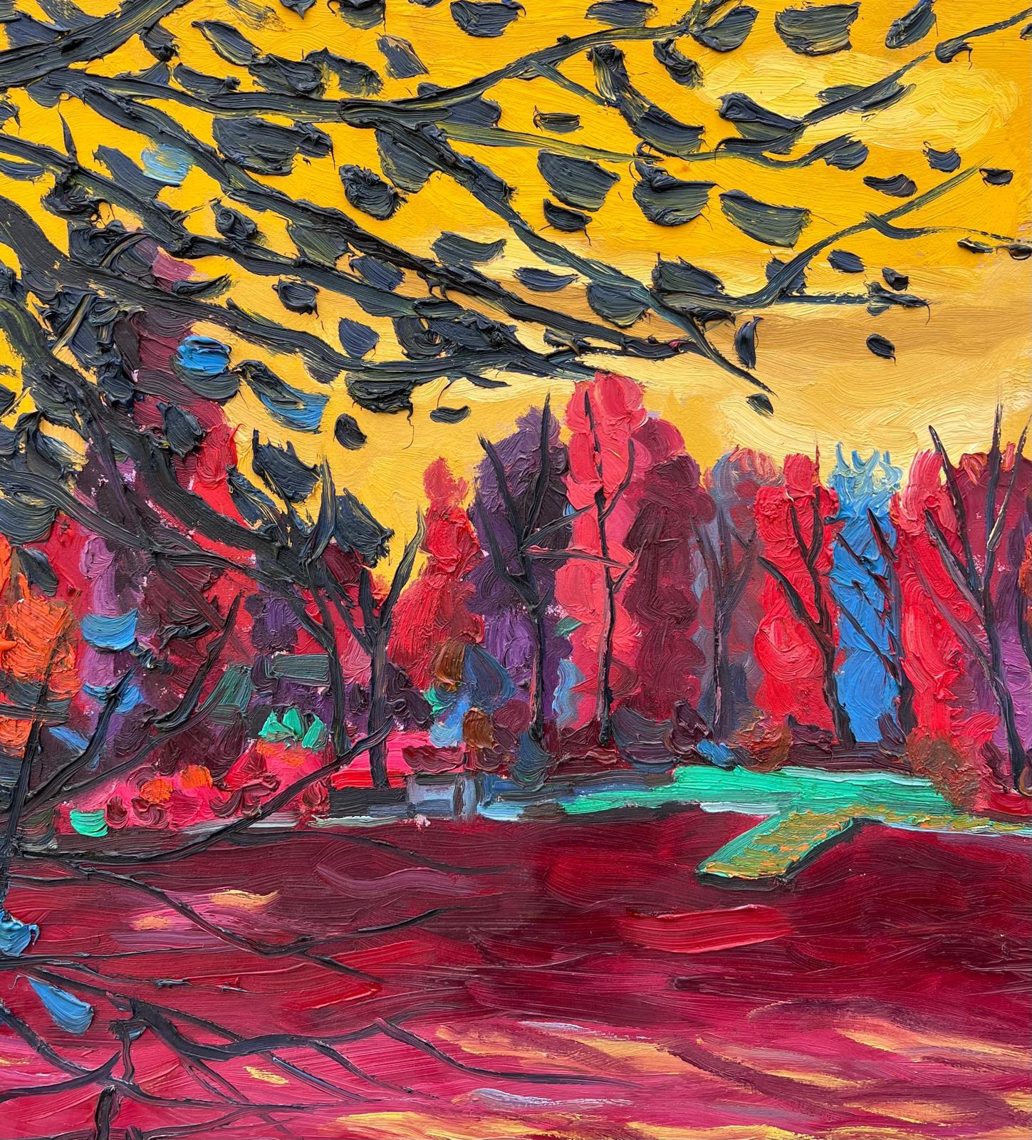 1990's French Modernist Signed Oil The Lake at Enghien Colorful Trees For Sale 3