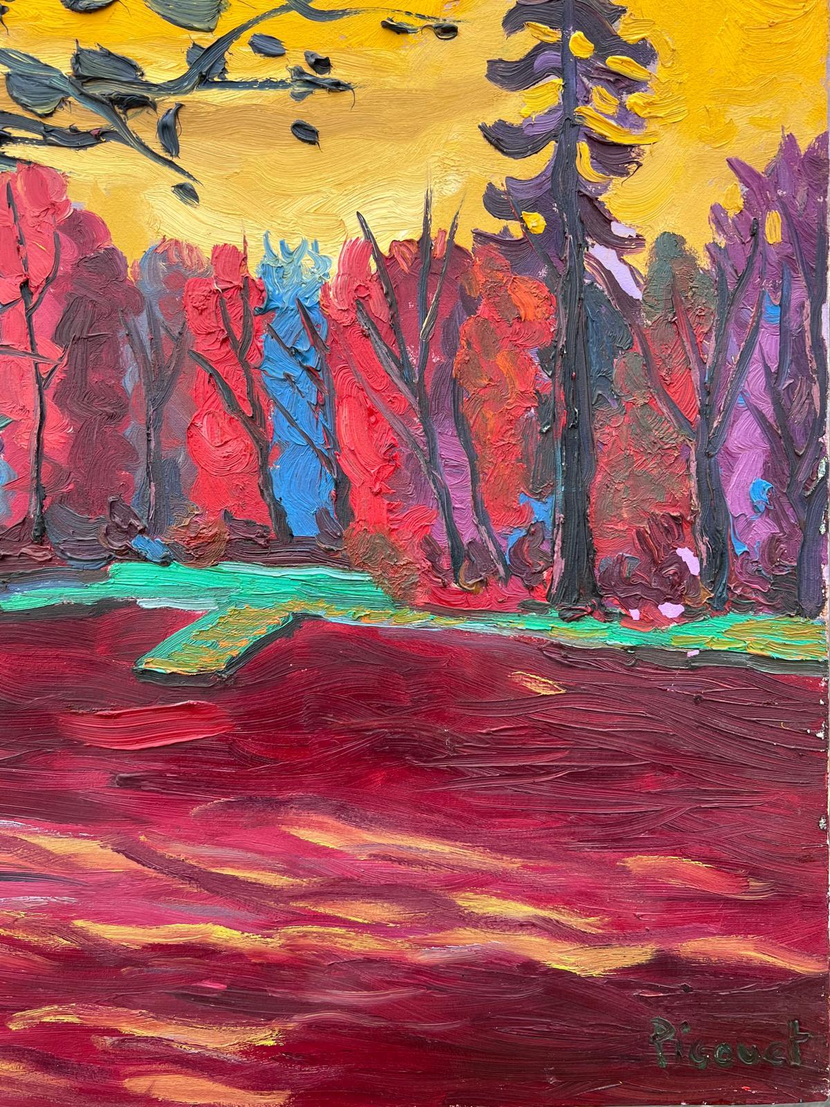 1990's French Modernist Signed Oil The Lake at Enghien Colorful Trees For Sale 7
