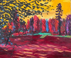 Huile Moderniste Française signée des années 1990 Le Lac d'Enghien Arbres colorés