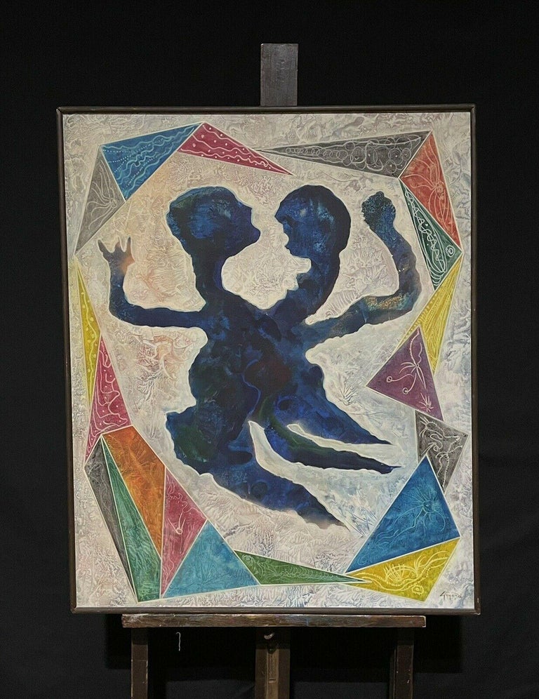 Large French Modernist Signed Oil Painting Figures Dancing Geometric Shapes For Sale 1