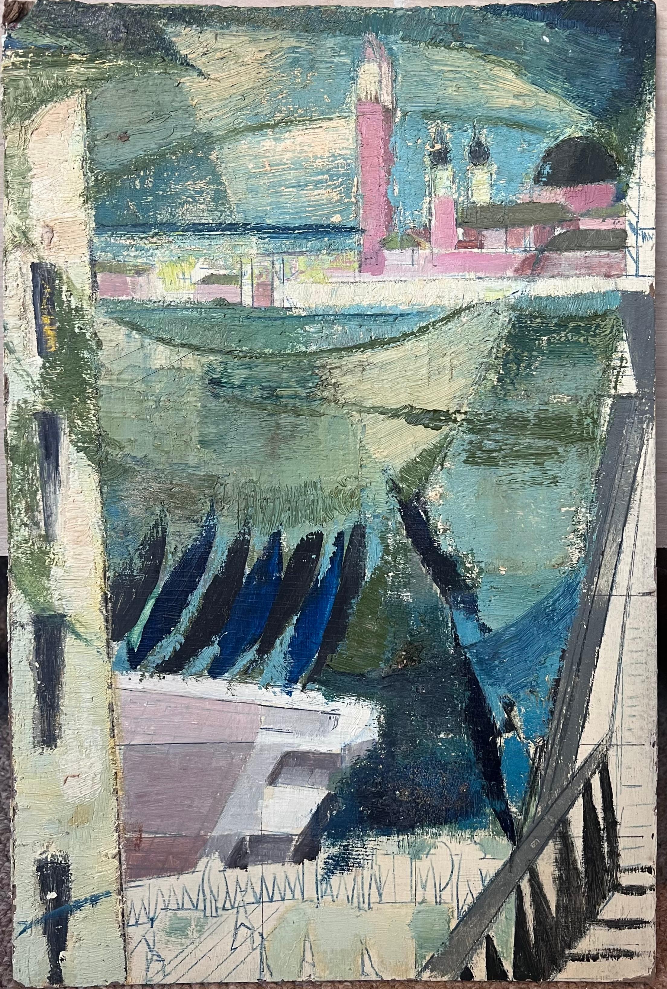 Peinture à l'huile française du milieu du 20e siècle Grand Canal Venise, couleurs douces et douces - Painting de French Modernist