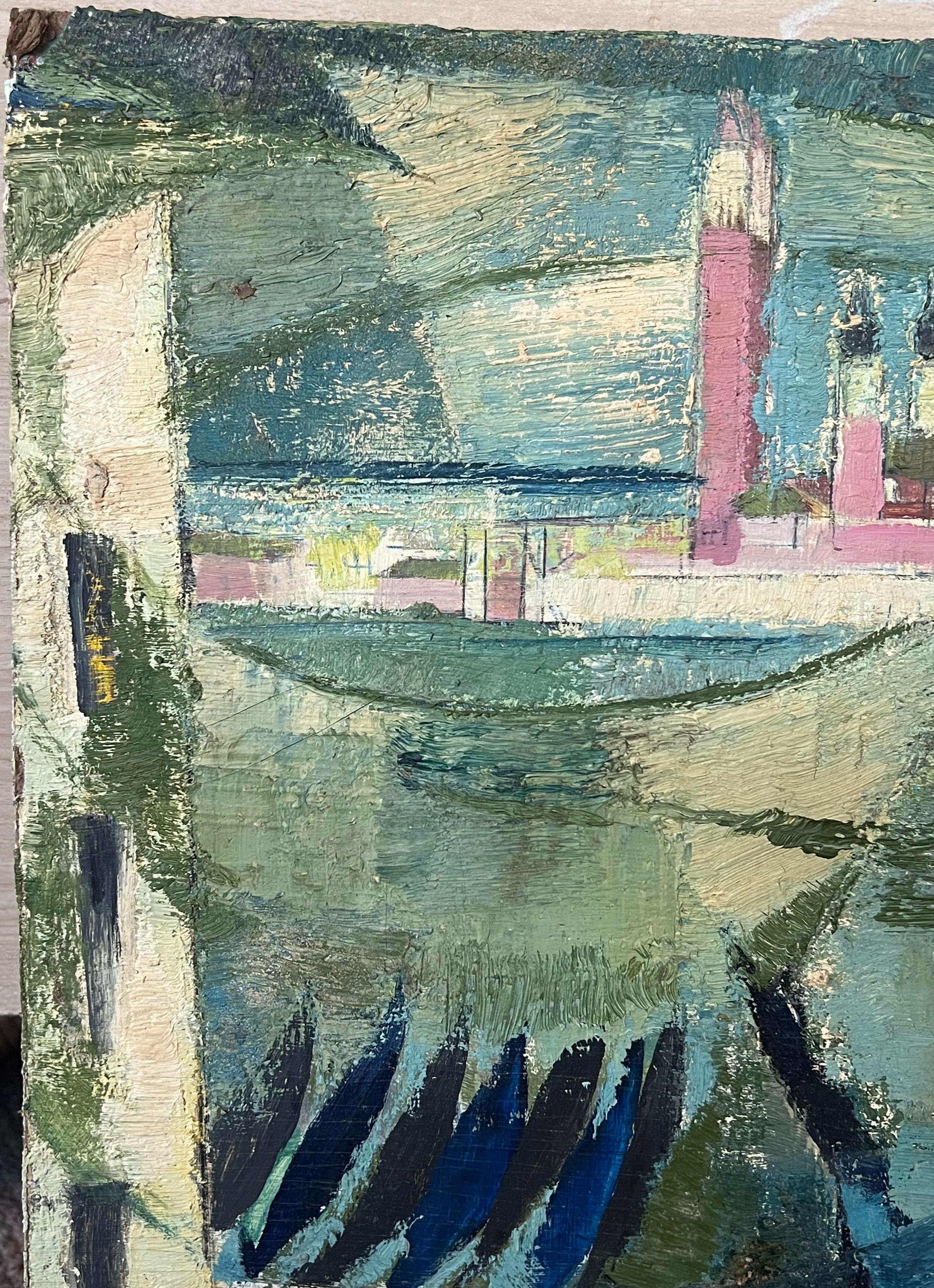 Peinture à l'huile française du milieu du 20e siècle Grand Canal Venise, couleurs douces et douces en vente 1