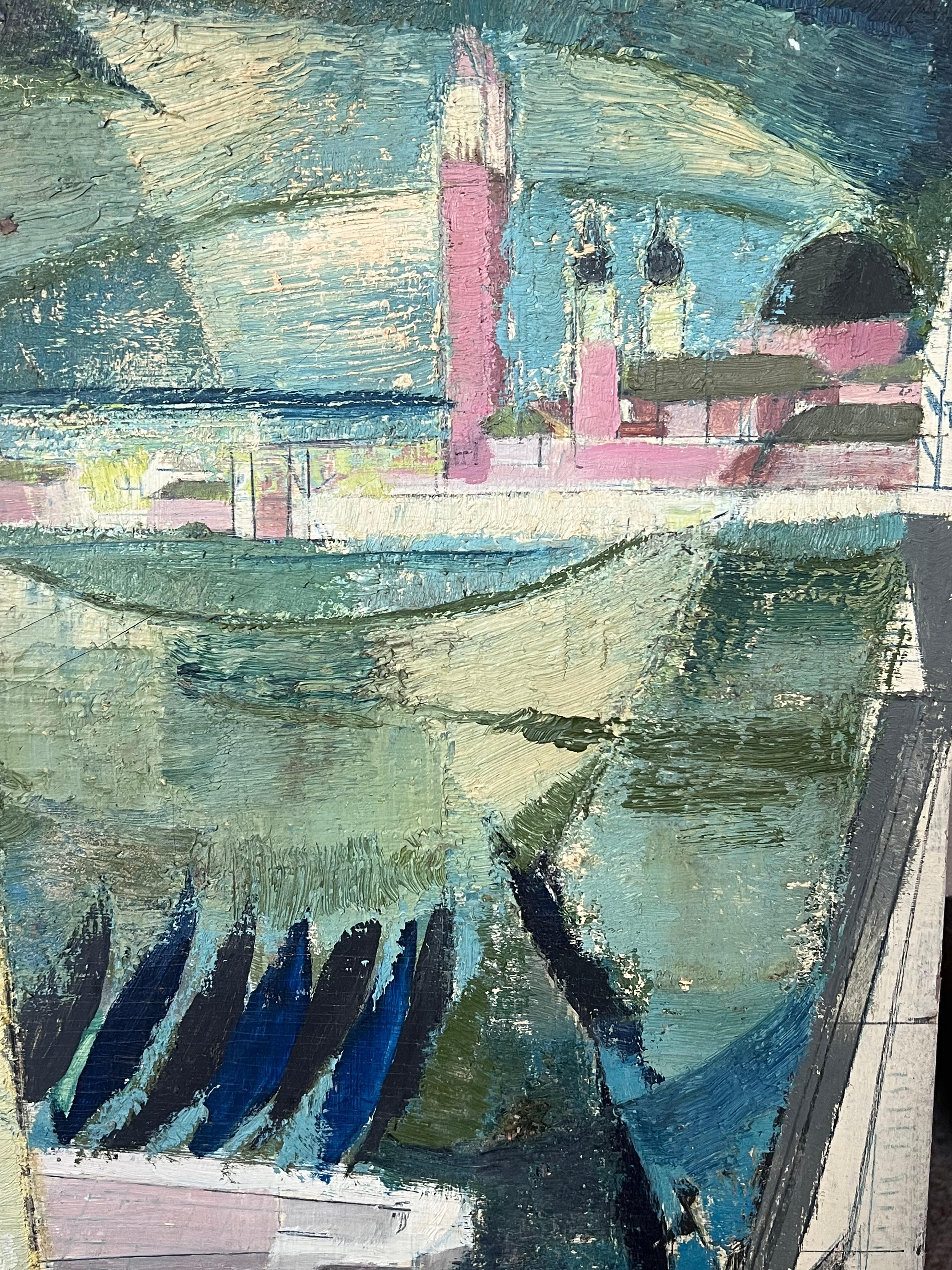 Peinture à l'huile française du milieu du 20e siècle Grand Canal Venise, couleurs douces et douces en vente 2