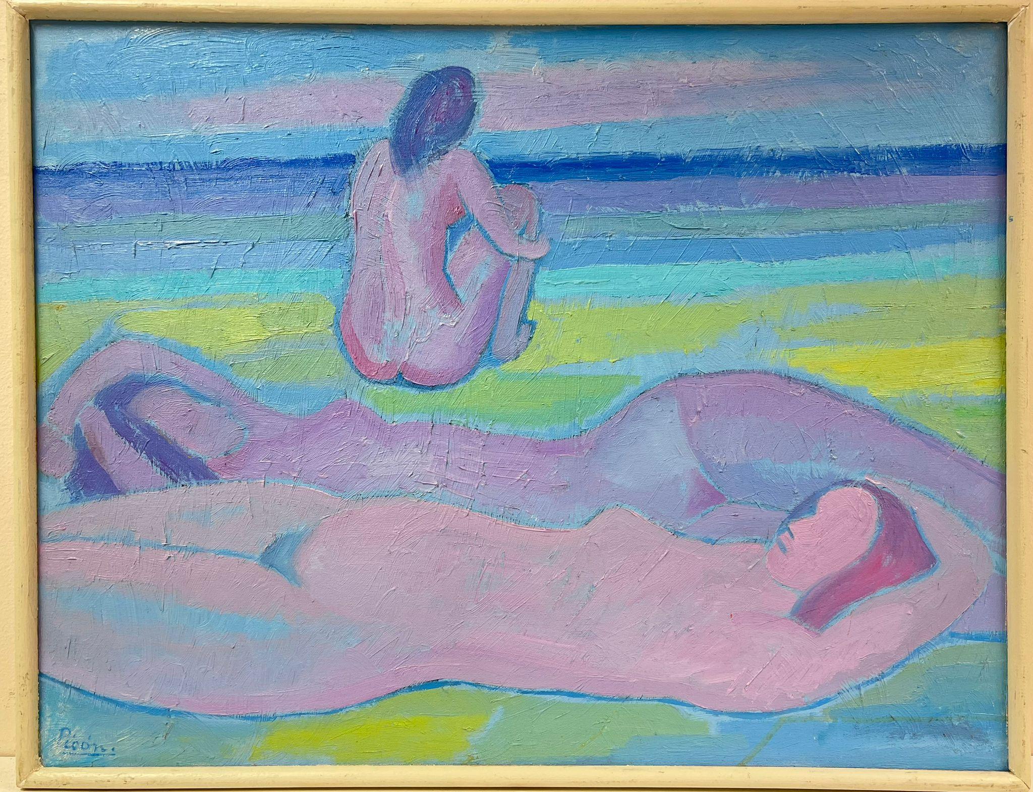 Peinture à l'huile moderniste française du 20e siècle, signée, représentant une femme nue sur la plage - Painting de French Modernist