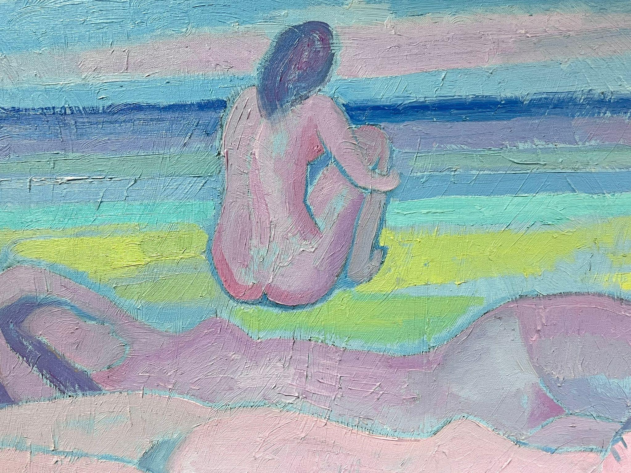 Figurative Painting French Modernist - Peinture à l'huile moderniste française du 20e siècle, signée, représentant une femme nue sur la plage