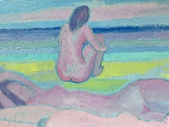 Antique Signed 20th Century French Modernist Oil Painting Naked Woman on Beach