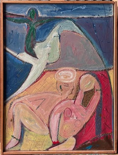 Signiert & datiert Französisch 1990's Modernist Figuren in abstrakter Landschaft Öl