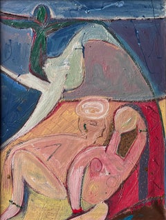 Signed
Dated French 1990
s Modernist Figures in Abstract Landscape Oil