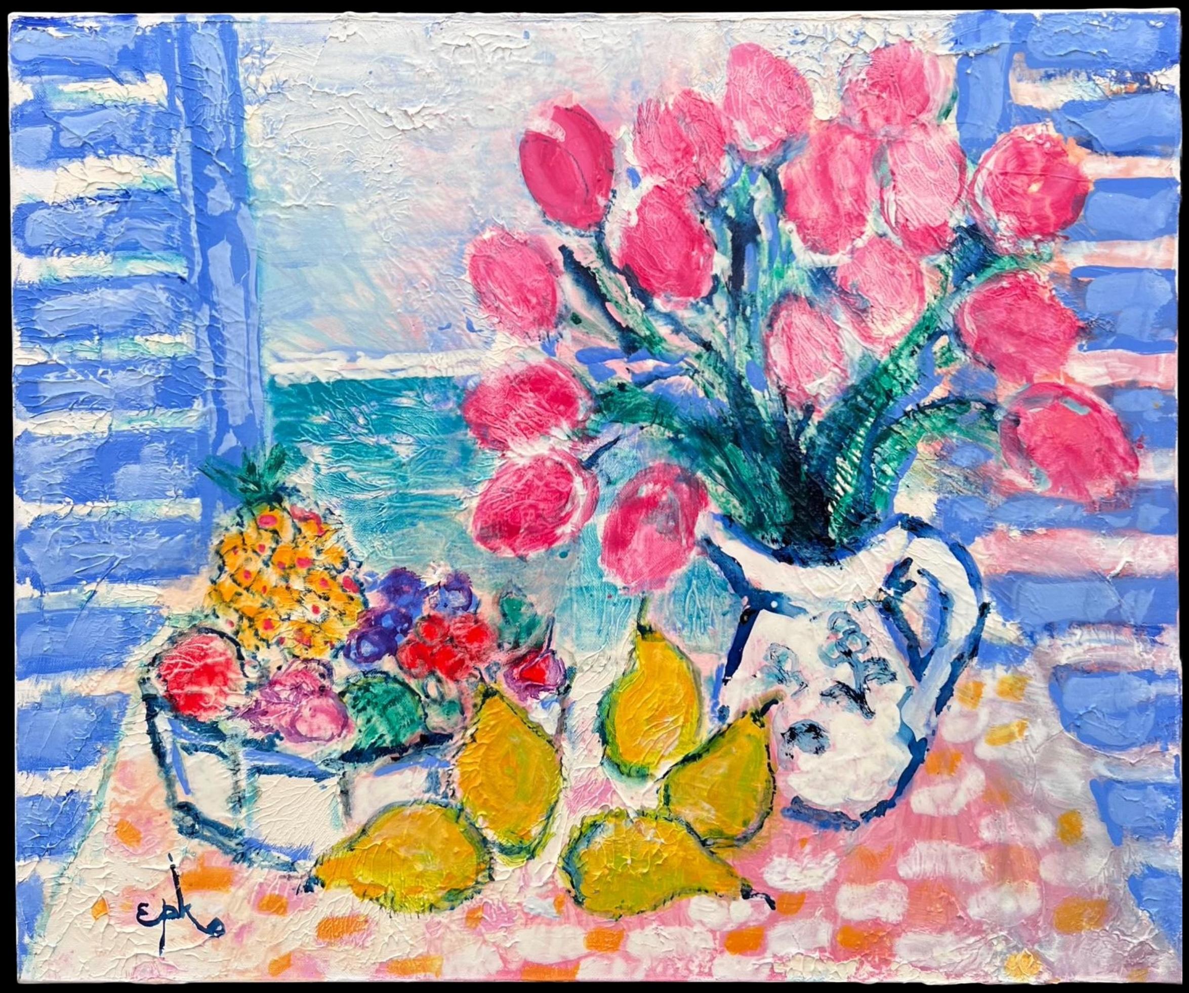Peinture à l'huile française signée Tulipes et citrons dans une fenêtre ensoleillée Mer Méditerranée - Painting de French Modernist