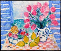 Tulips & Lemons in Sunny Window Mediterranean Sea Signed French Oil Painting