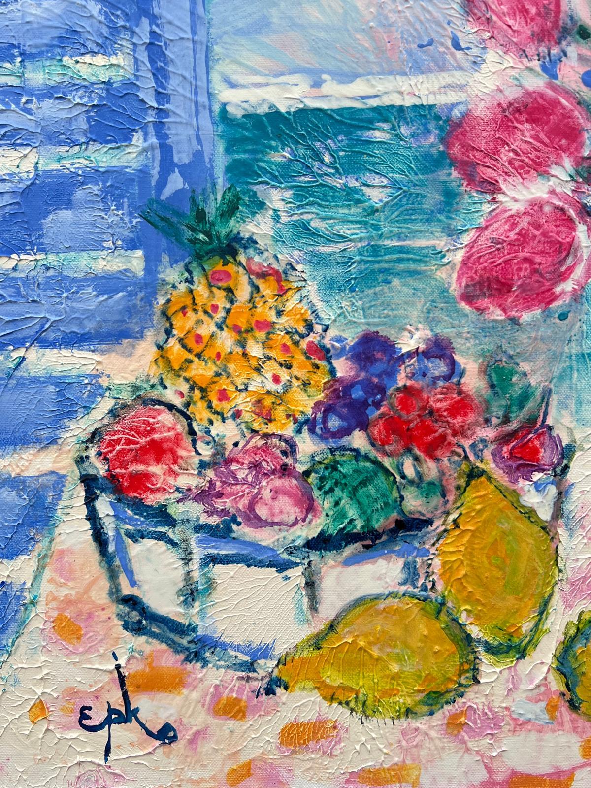 Peinture à l'huile française signée Tulipes et citrons dans une fenêtre ensoleillée Mer Méditerranée - Moderne Painting par French Modernist