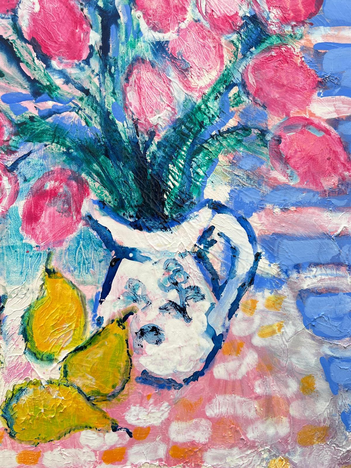 Peinture à l'huile française signée Tulipes et citrons dans une fenêtre ensoleillée Mer Méditerranée en vente 1