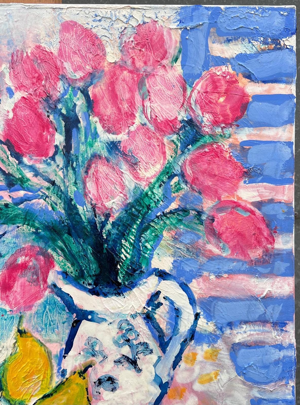 Peinture à l'huile française signée Tulipes et citrons dans une fenêtre ensoleillée Mer Méditerranée en vente 2
