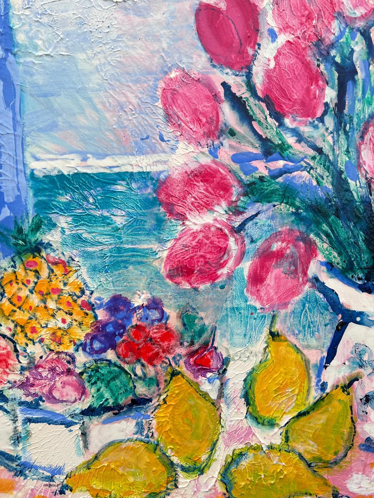 Peinture à l'huile française signée Tulipes et citrons dans une fenêtre ensoleillée Mer Méditerranée en vente 3