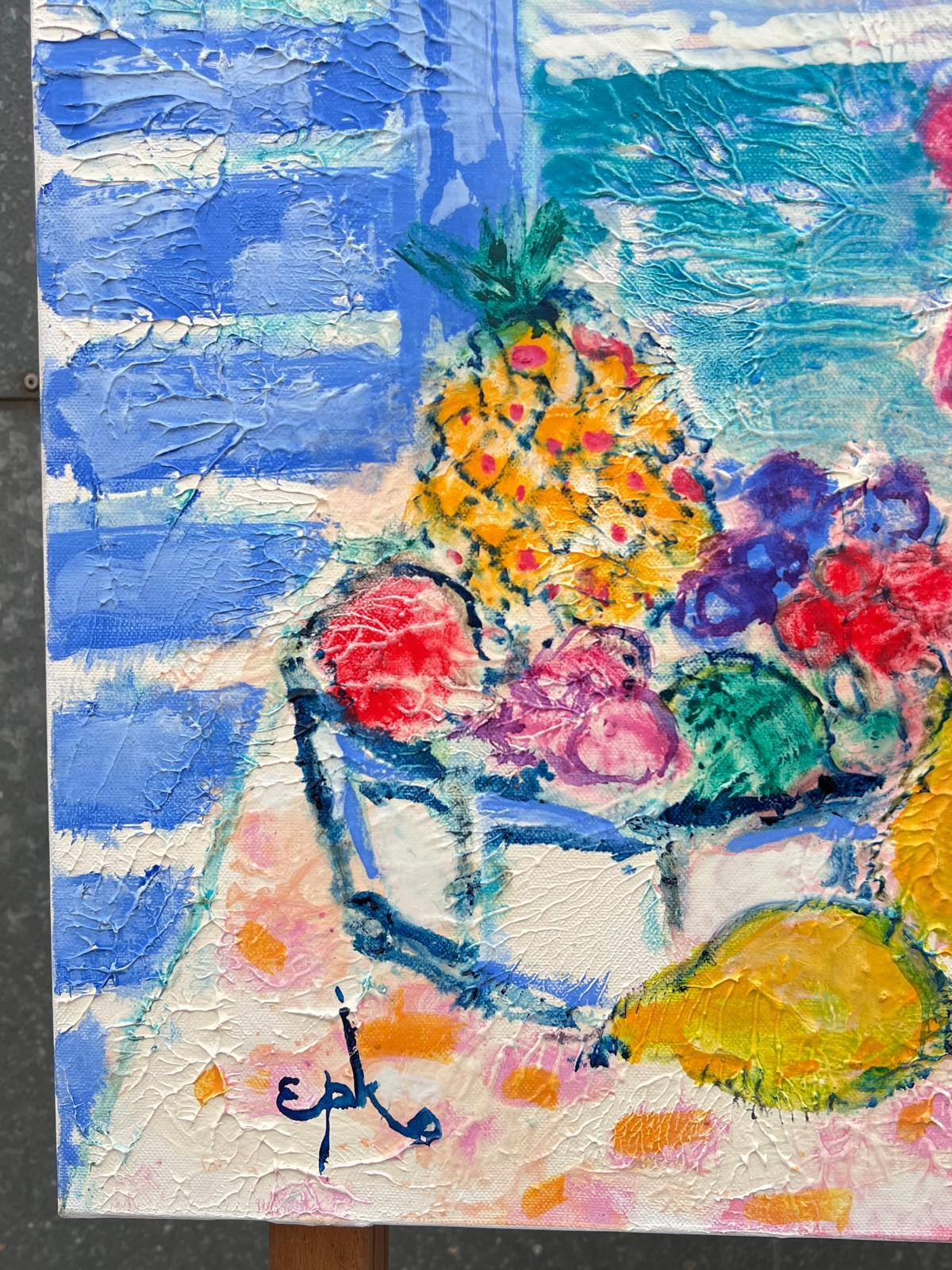 Peinture à l'huile française signée Tulipes et citrons dans une fenêtre ensoleillée Mer Méditerranée en vente 4