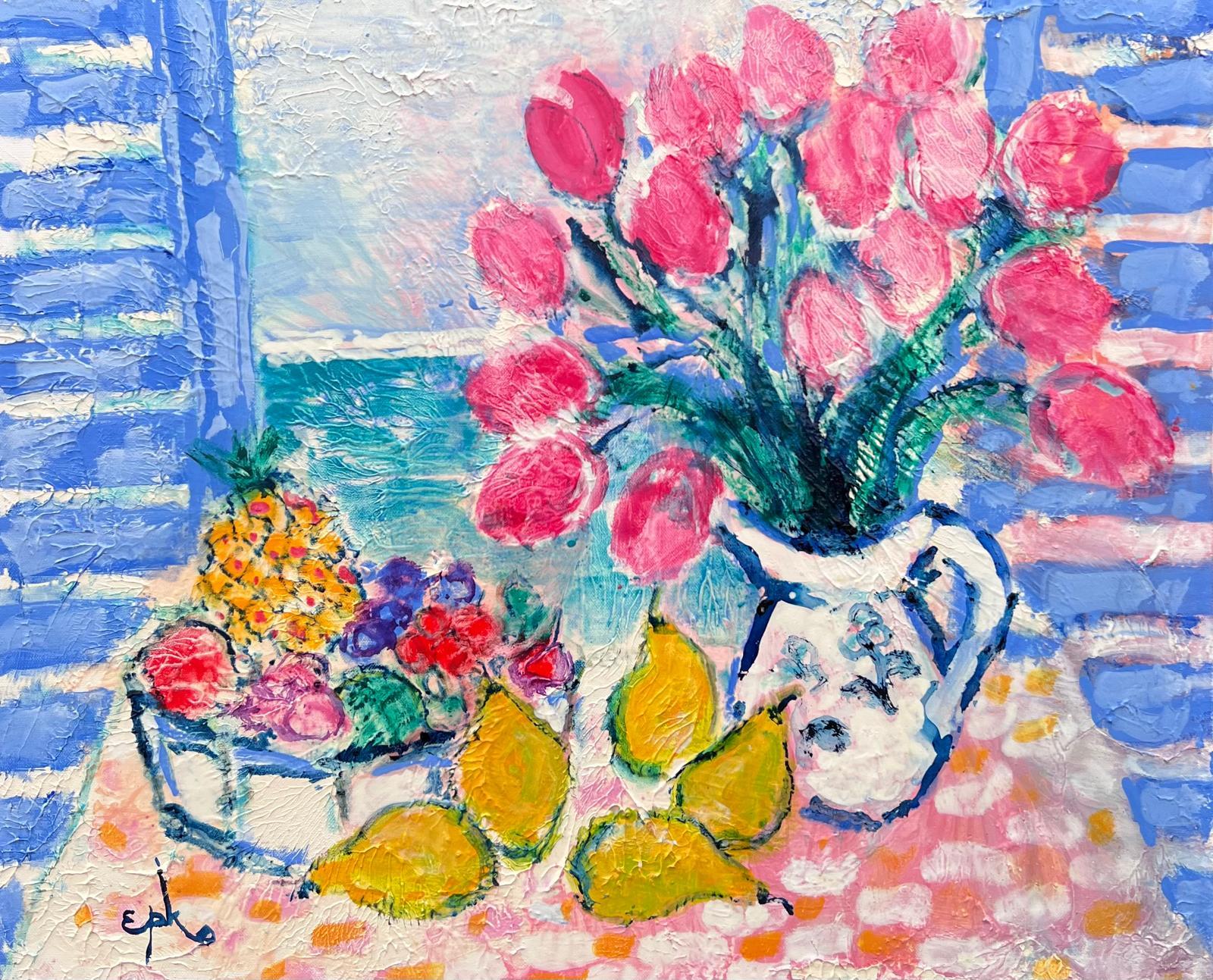 Still-Life Painting French Modernist - Peinture à l'huile française signée Tulipes et citrons dans une fenêtre ensoleillée Mer Méditerranée