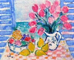 Peinture à l'huile française signée Tulipes et citrons dans une fenêtre ensoleillée Mer Méditerranée