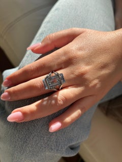 French Modernist 18K White Gold Emerald-Cut Aquamarine Ring, Circa 1970s