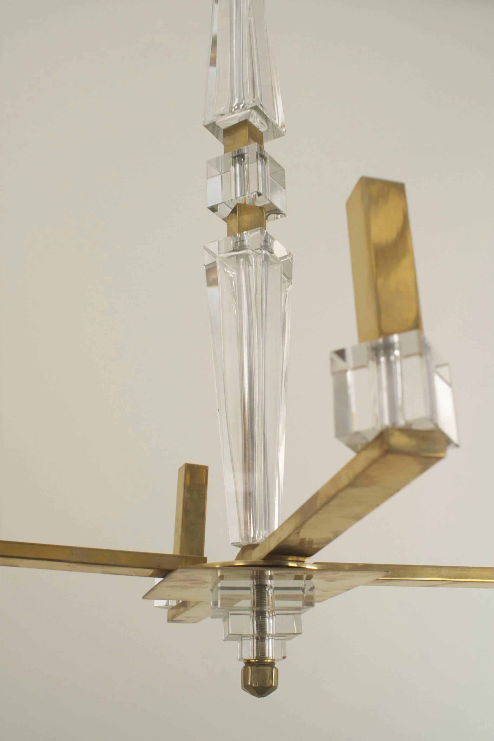 French Modernist Brass and Lucite Chandelier In Good Condition In New York, NY