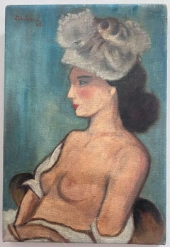 1940's French Modernist Signed Oil Painting Portrait of Nude Lady with Hat