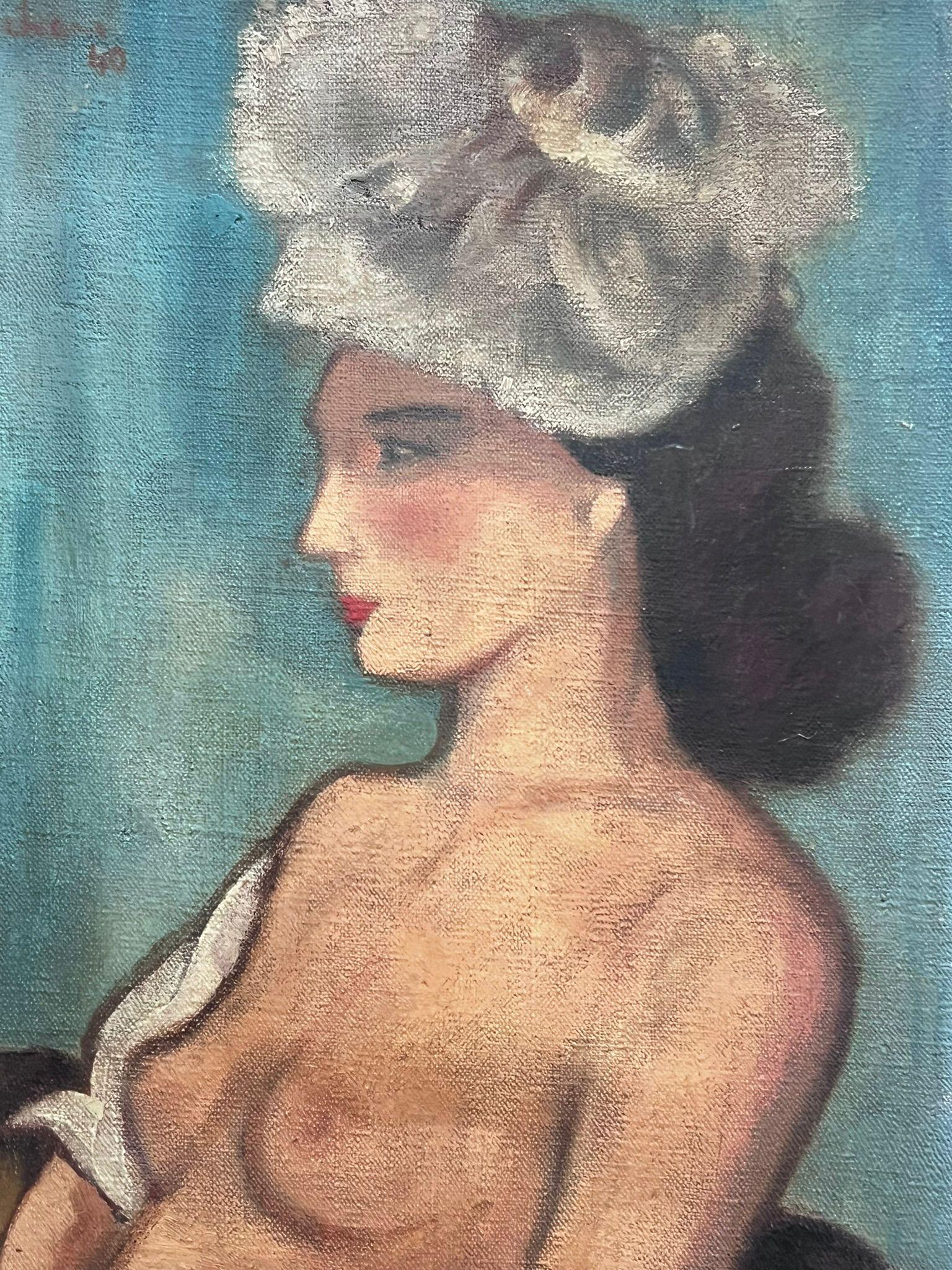 1940's Pintura al Óleo Modernista Francesa Firmada Retrato de Dama Desnuda con Sombrero - Painting Moderno de French Modernist