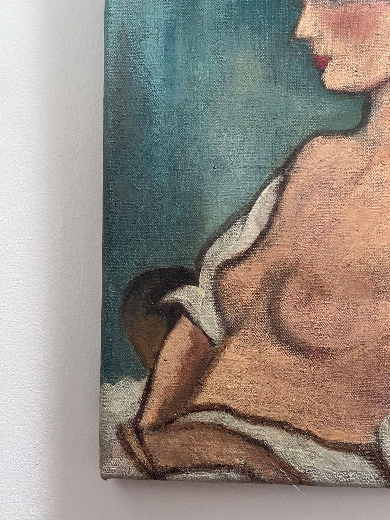 1940's Pintura al Óleo Modernista Francesa Firmada Retrato de Dama Desnuda con Sombrero - Figurative Painting Gris de French Modernist