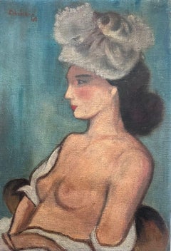 Vintage 1940's French Modernist Signed Oil Painting Portrait of Nude Lady with Hat