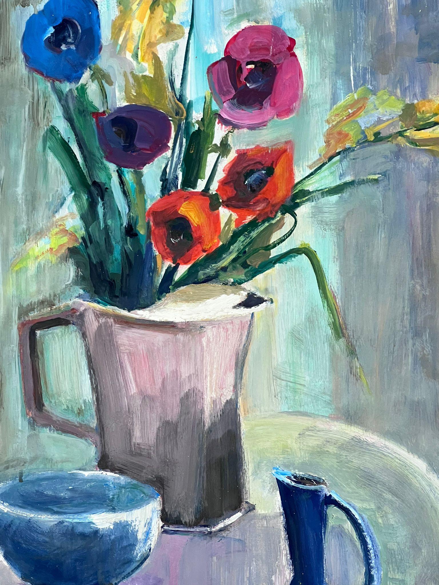 1970's French Modernist Painting Provence Collection Still Life Flowers in Jug For Sale 4