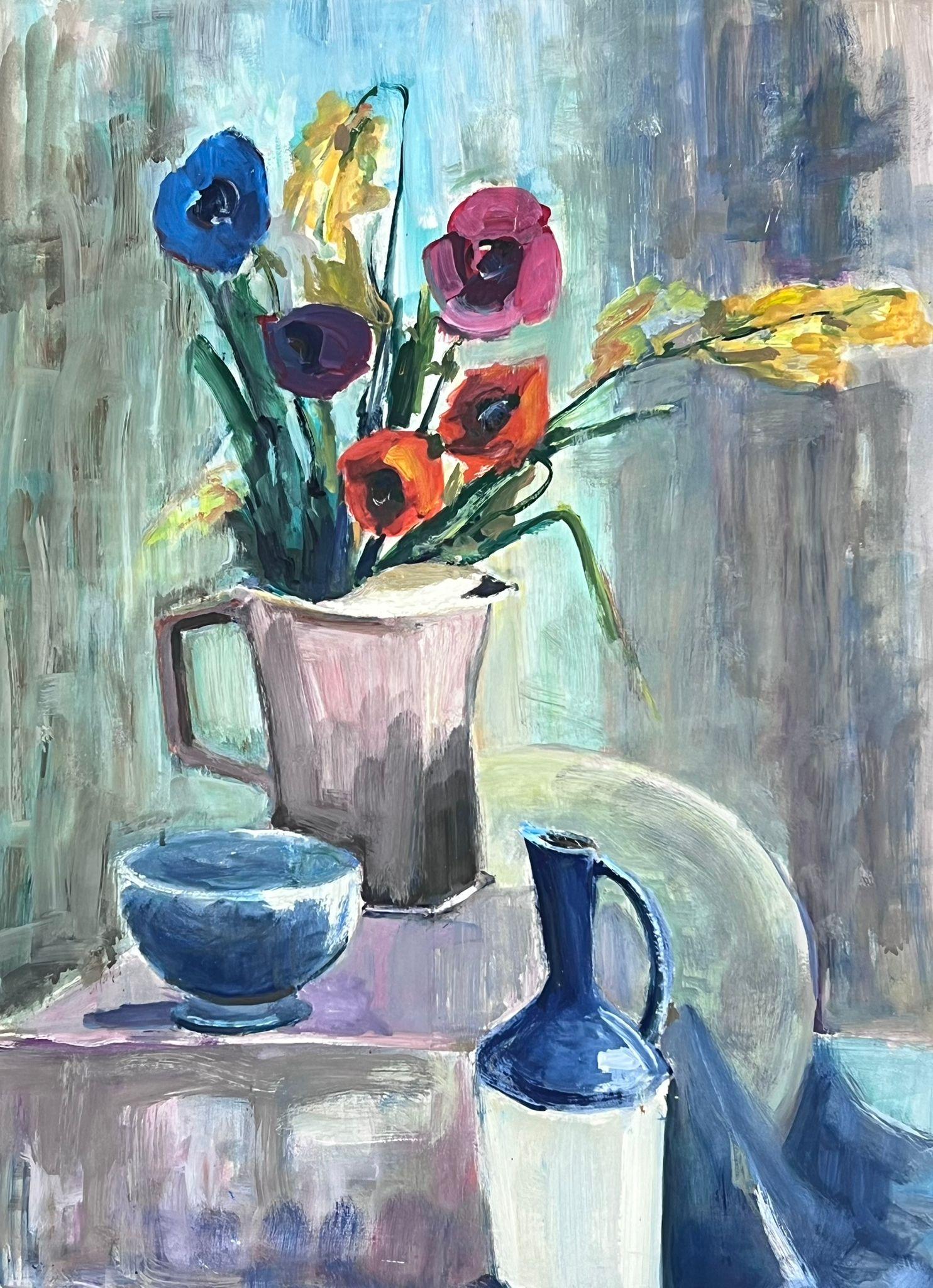 1970's French Modernist Painting Provence Collection Still Life Flowers in Jug For Sale 5