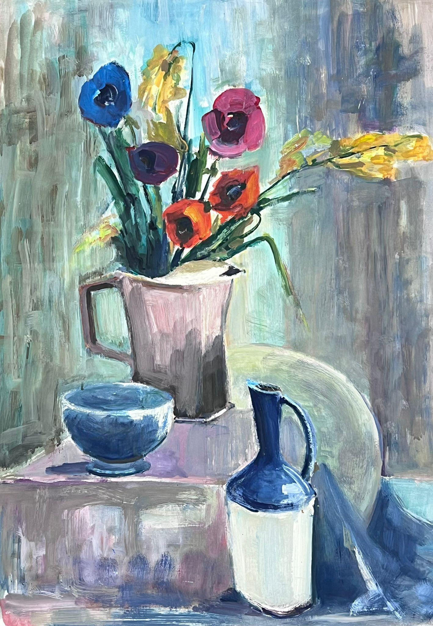 1970er Jahre Französisch Modernistisches Gemälde Provence Kollektion Stillleben Blumen in Krug, Stillleben