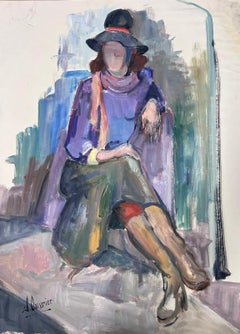 1970 Posed Chic Model In Black Hat French Modernist Painting